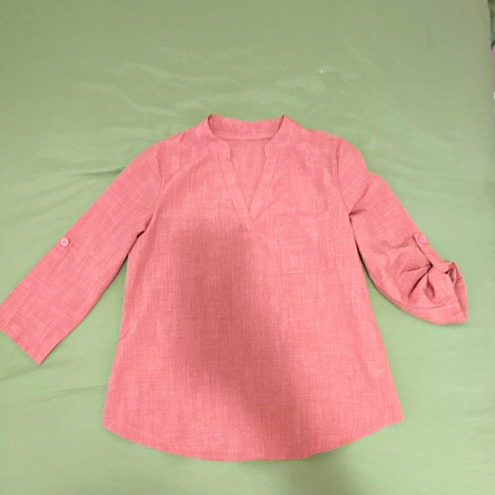 Emery Rose Pink Solid Pullover Blouse Roll Tab Sleeves Chest Pocket Size S